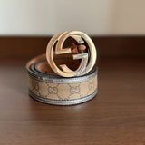 Beige/Silver GG Canvas and Leather Interlocking G Buckle Belt