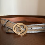 Beige/Silver GG Canvas and Leather Interlocking G Buckle Belt