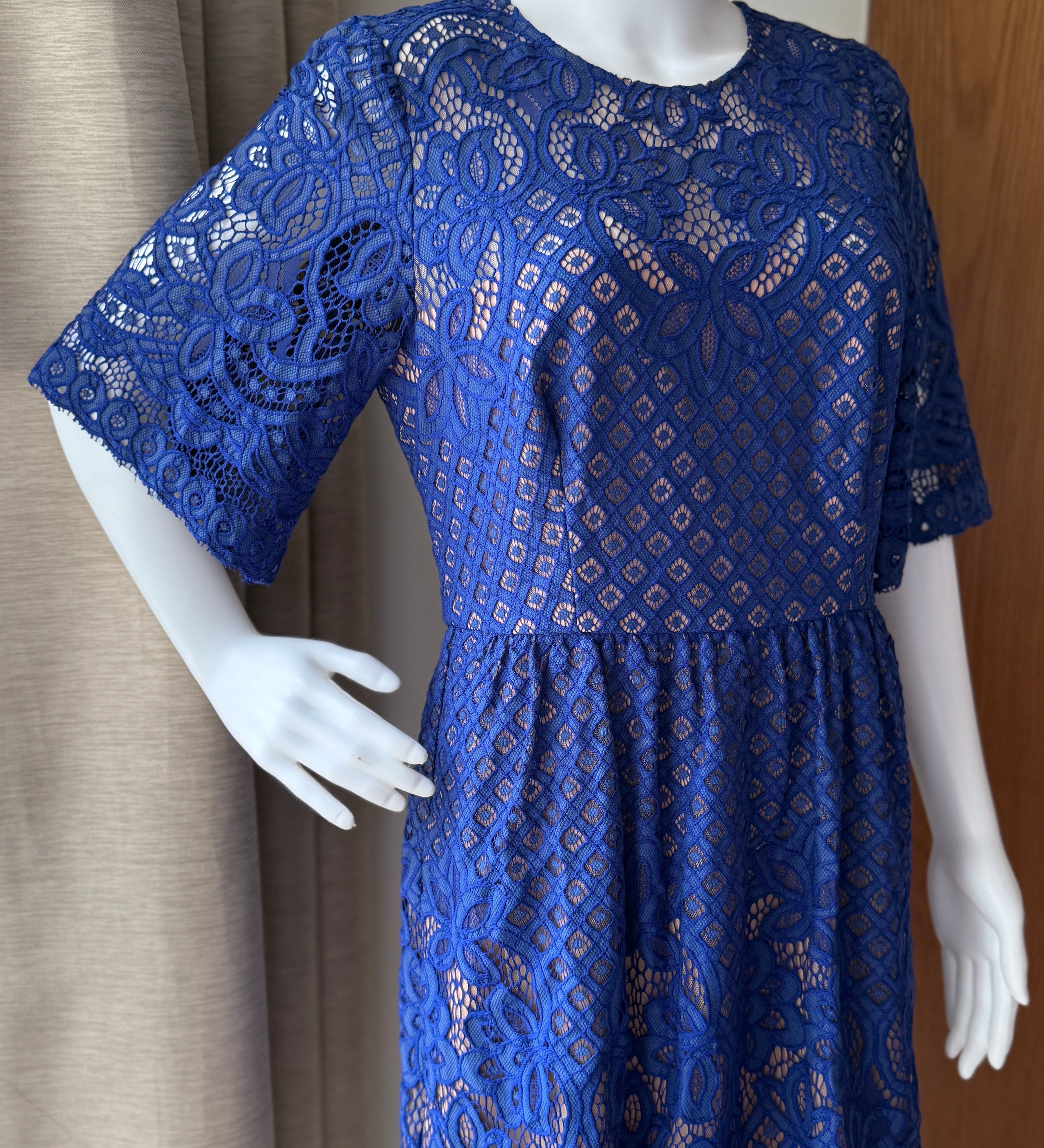 bcbg blue lace dress BCBG Women's Lace One-Shoulder Textured Puff Sleeve Mini Dress