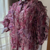 Pink Organza Floral Collared Neck Yolanthe Ruffle Shirt