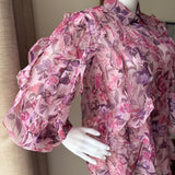 Pink Organza Floral Collared Neck Yolanthe Ruffle Shirt