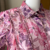 Pink Organza Floral Collared Neck Yolanthe Ruffle Shirt