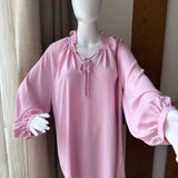 Pink Long Sleeve Oversized Tie Ruffle Neck Blouse