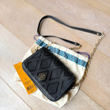 Tory Burch Black Leather and Suede Patchwork Robinson Chain Shoulder Bag